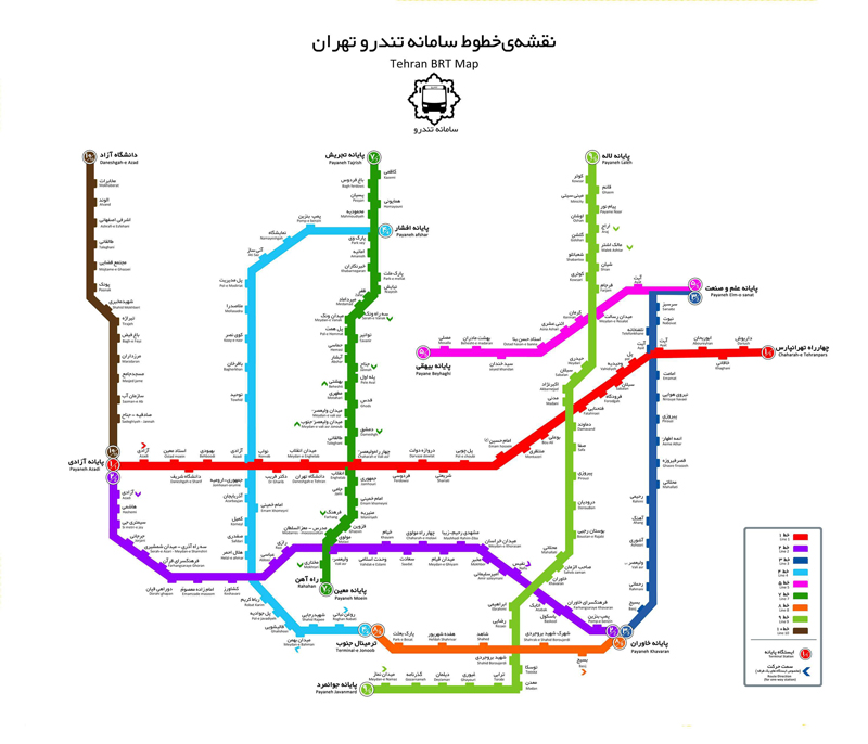 نقشه خطوط بی آر تی تهران
